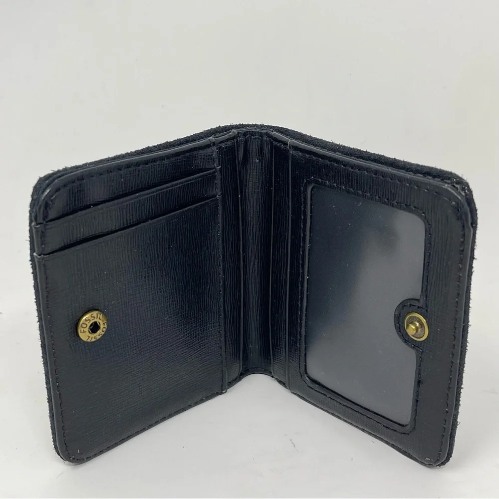 Fossil Madison Bifold Wallet Black Shimmer Nubuck Suede RFID Zippered Coin Pouch - Picture 4 of 11